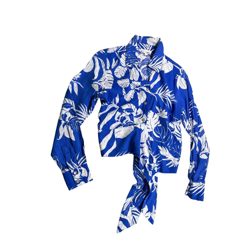 Panama Jack‎ Tropical Tie Front Crop Top Women's Blue White Long Sleeve Beachy